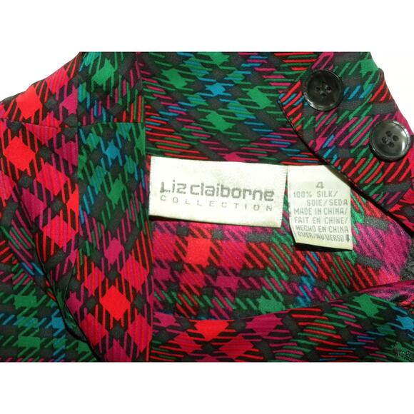 70's 80s Liz Claiborne Red Plaid High Collar Silk Blouse | XSMALL - Picture 5 of 8